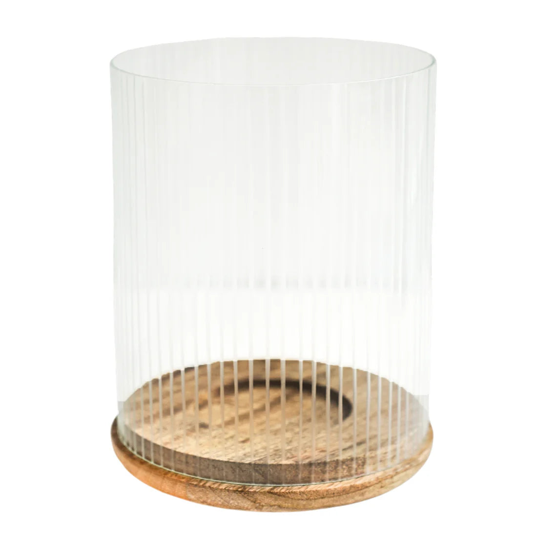 Amelia Ribbed Glass Wooden Candle Holder Large