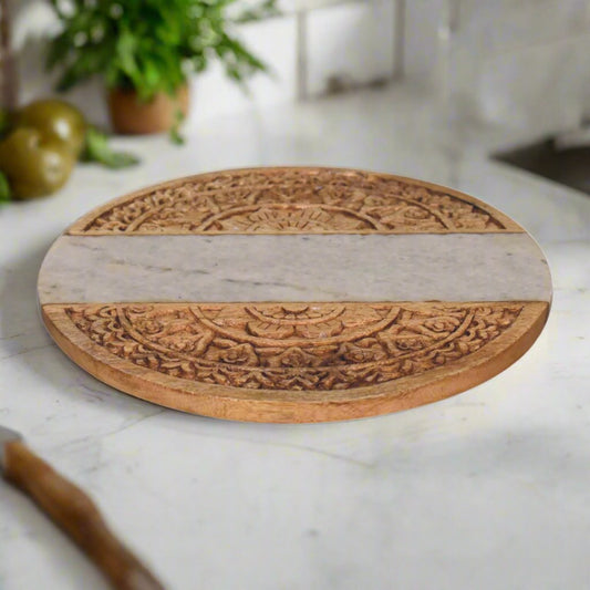 serving board marble and carved wood