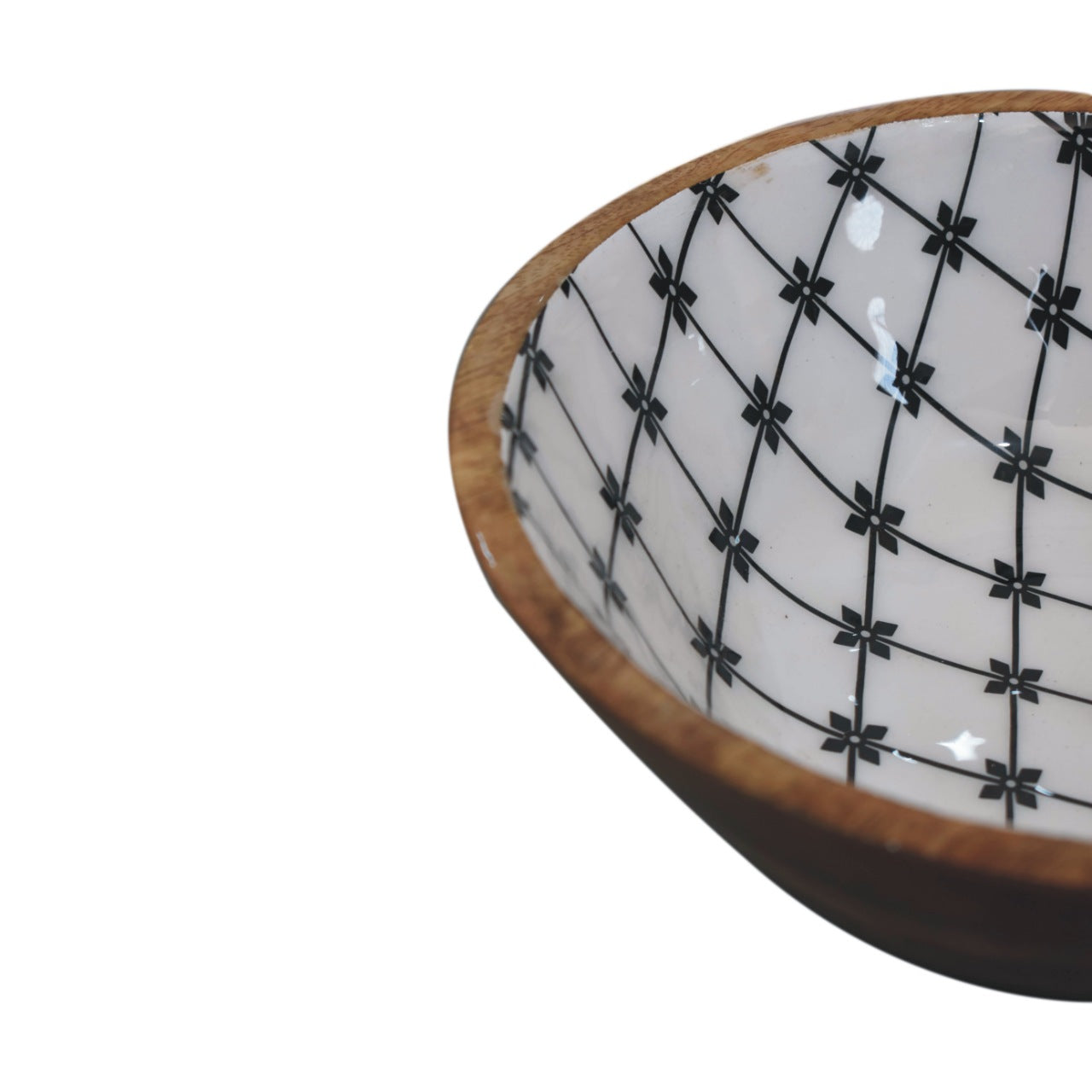 close up image mango wood and floral patterned bowl set