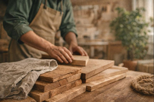 a joiner stacking wood on his bench
