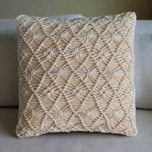 white cushion with weaved pattern