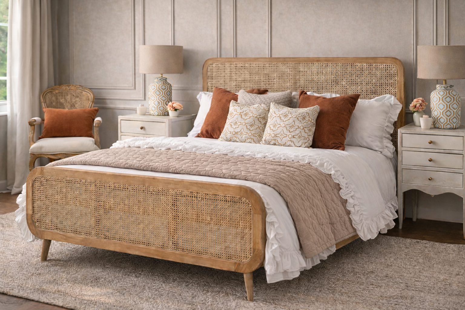 Bedroom with a wicker bed and matching headboard, featuring decorative pillows and lamps.