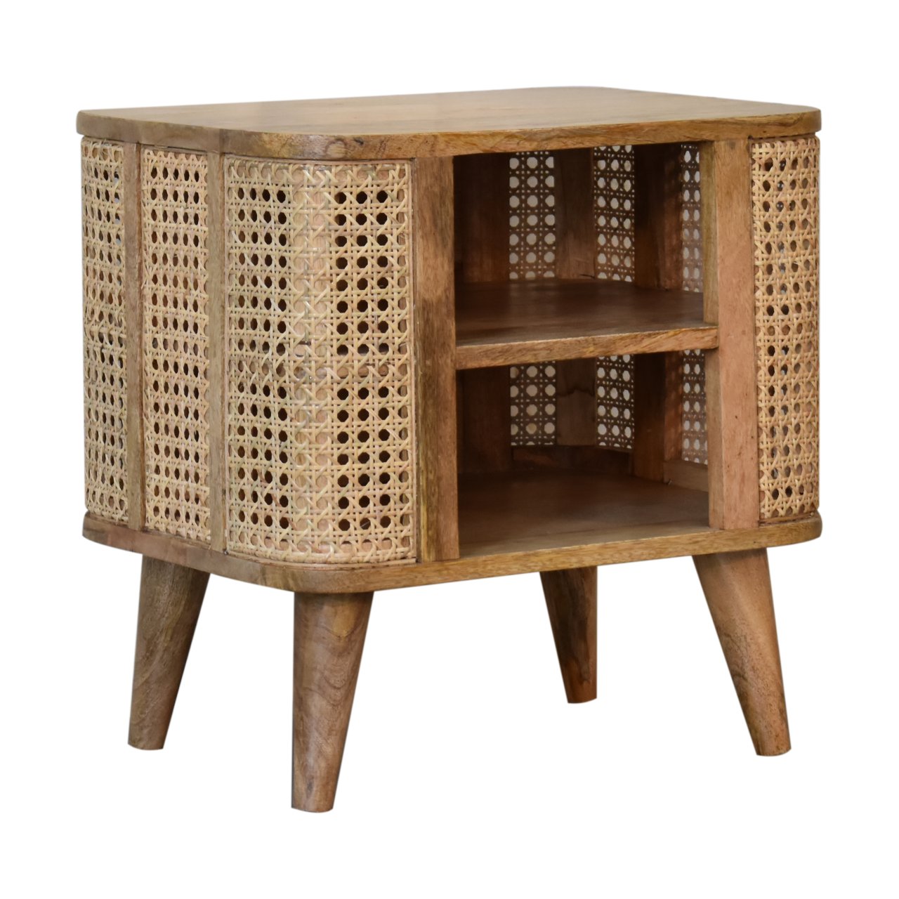 handcrafted wooden bedside table with open storage