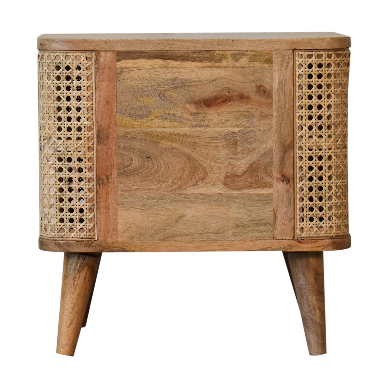 back view close up of handcrafted rattan wooden bedside table with open storage