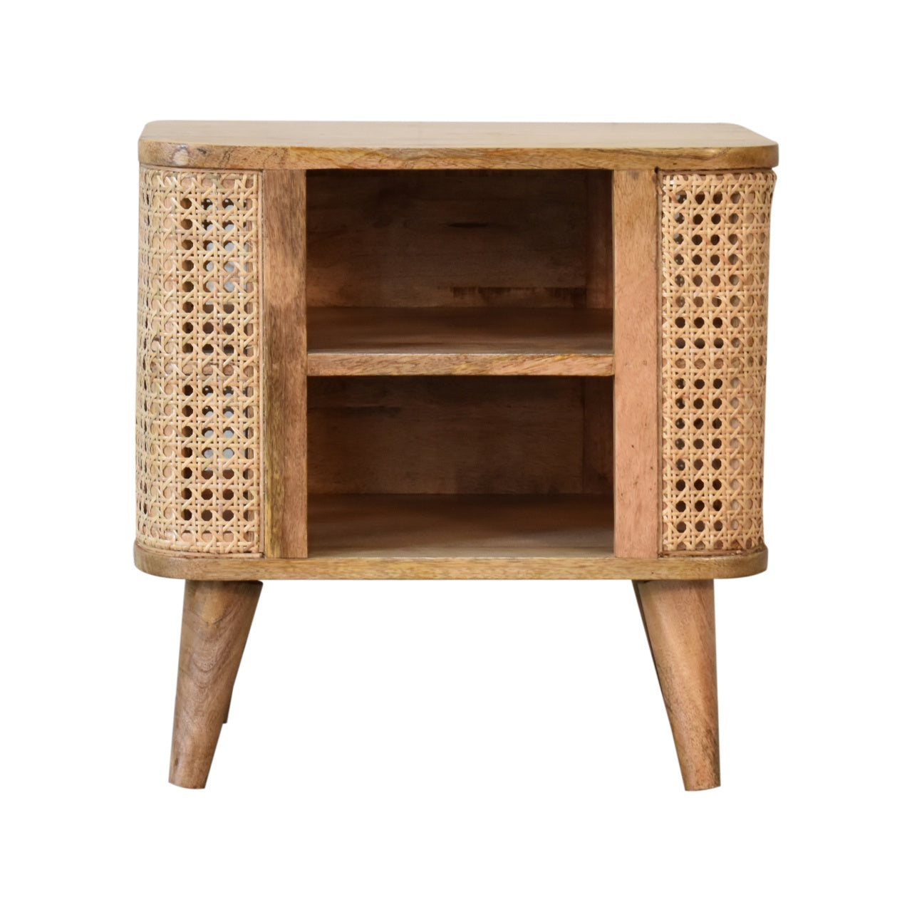 handcrafted wooden bedside table with open storage