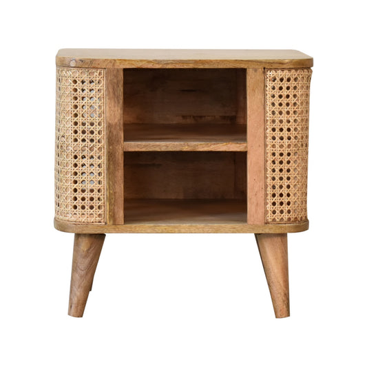 handcrafted wooden bedside table with open storage