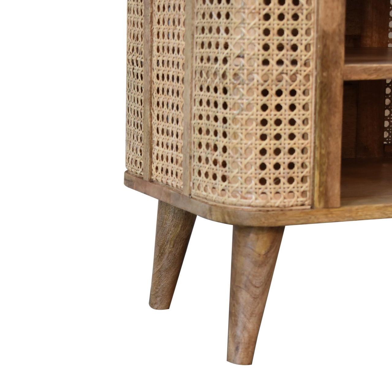 legs close up on the handcrafted wooden bedside table with open storage