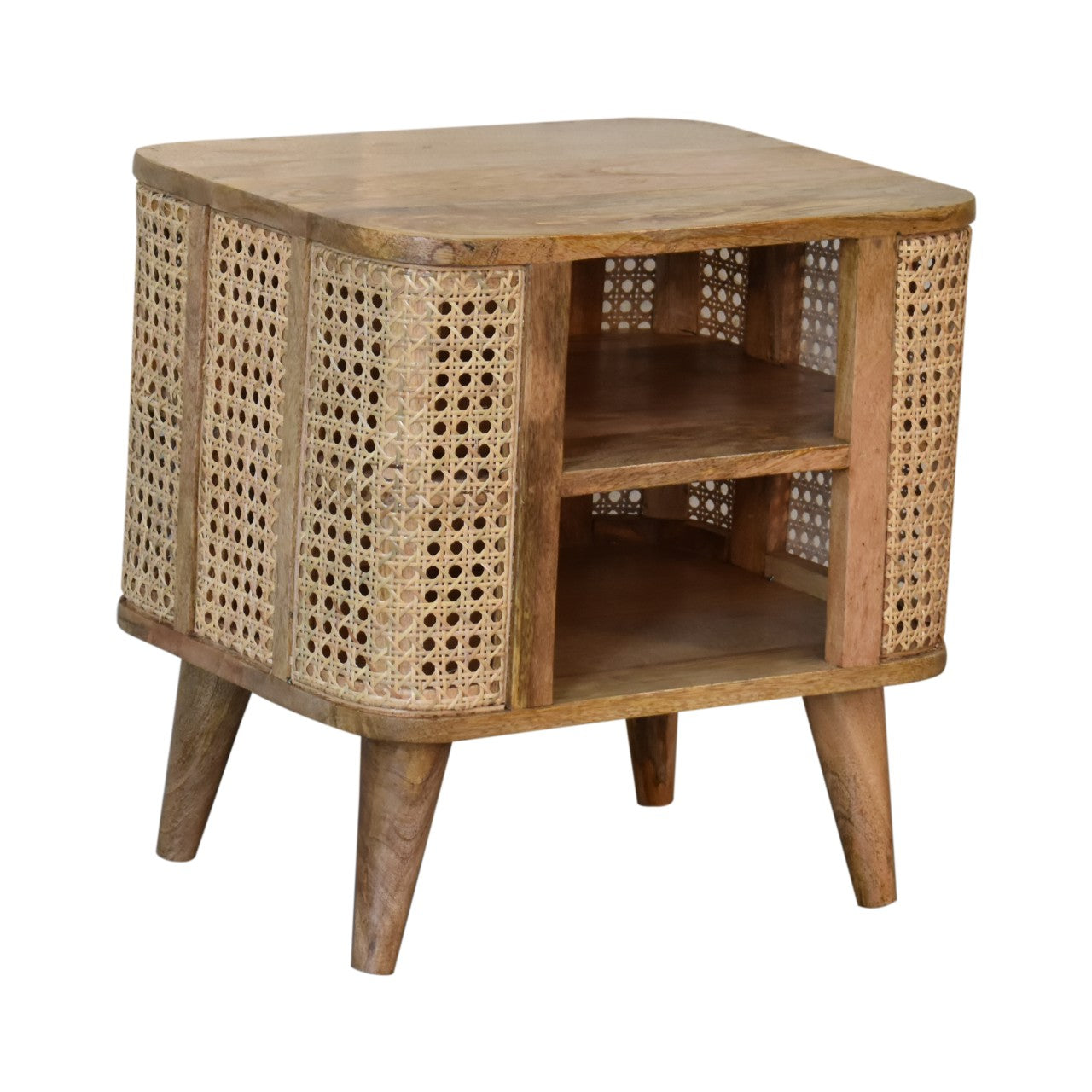 right side of handcrafted wooden bedside table with open storage