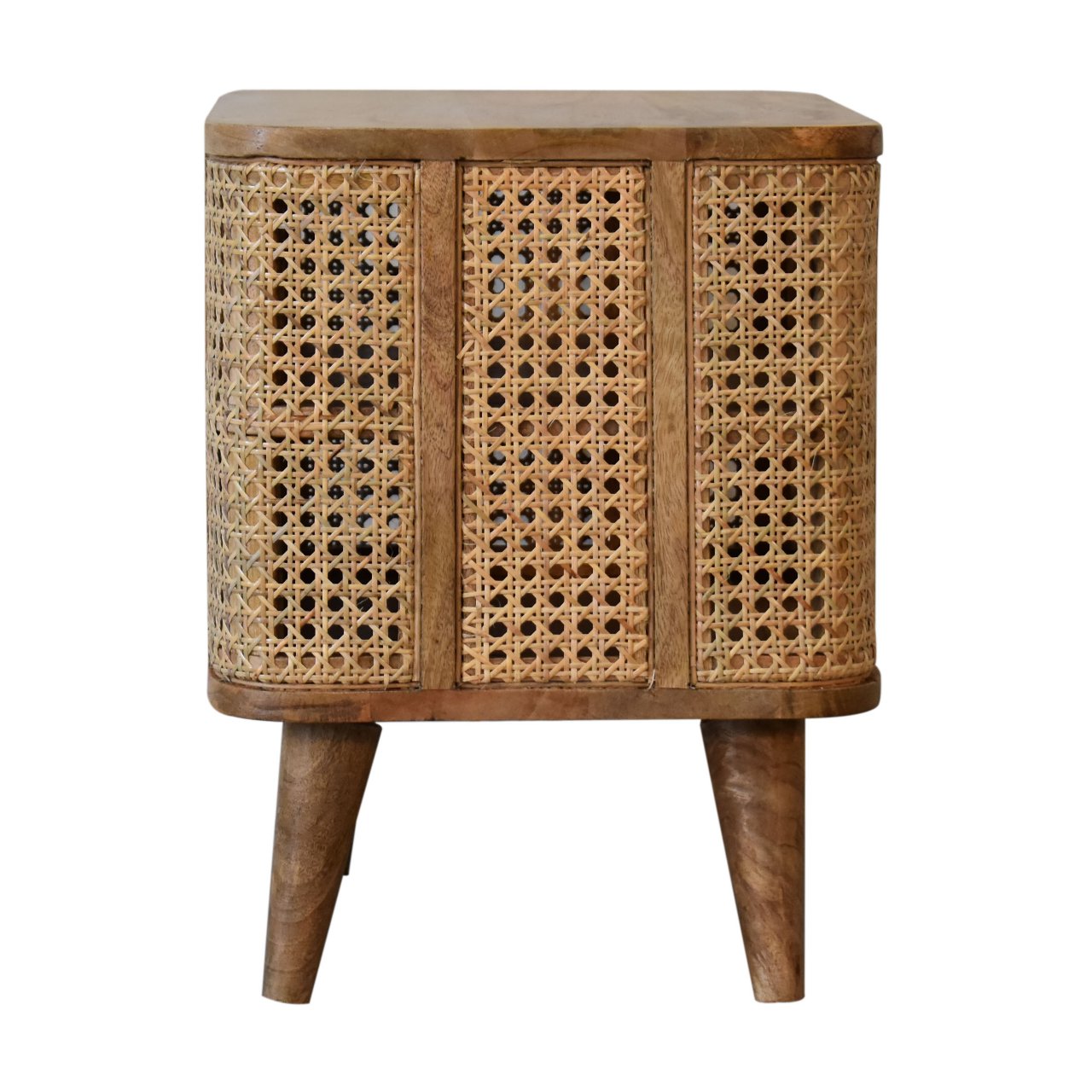 side view of handcrafted wooden bedside table with open storage