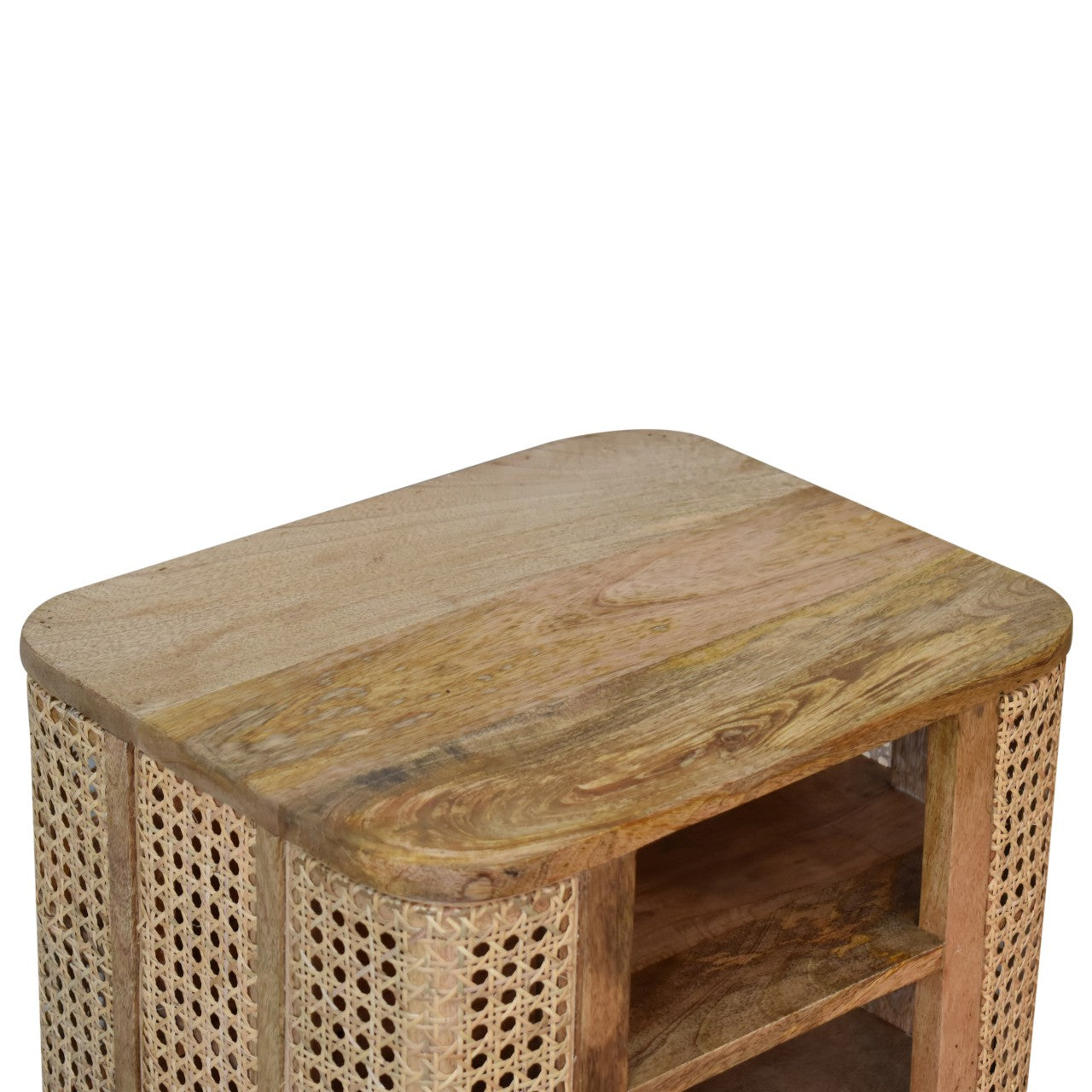 top view of handcrafted wooden bedside table with open storage