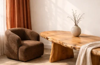 a brown boucle chair with raw edge wooden table and burnt orange linen curtains