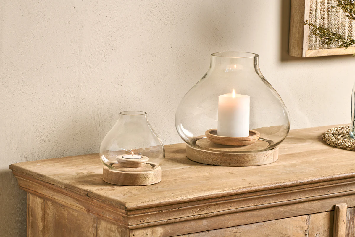 Nkuku Naryla mango wood candle lantern