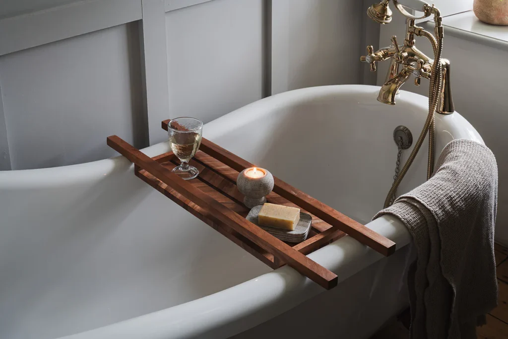 Nkuku mango wood bath bridge in white bath