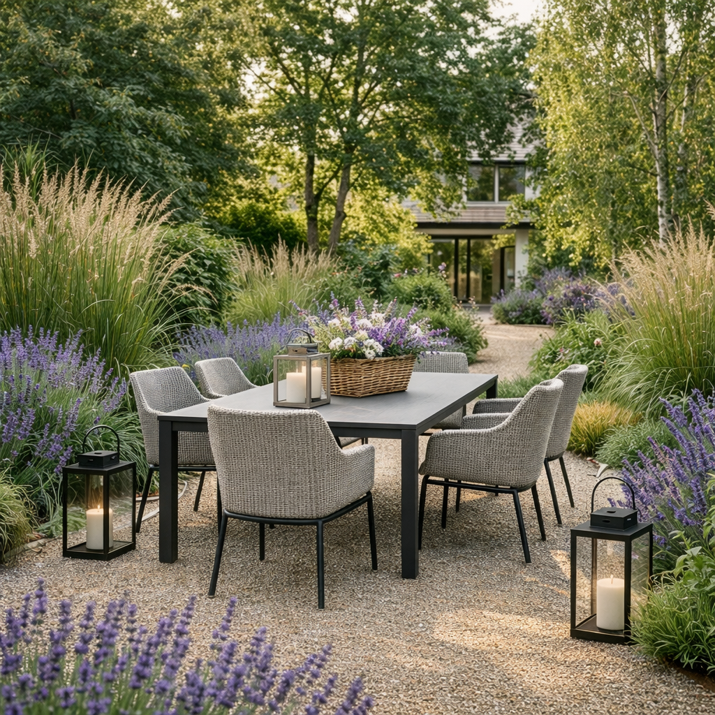 Garden seating area with sofa, chairs, wooden table, and flowering plants