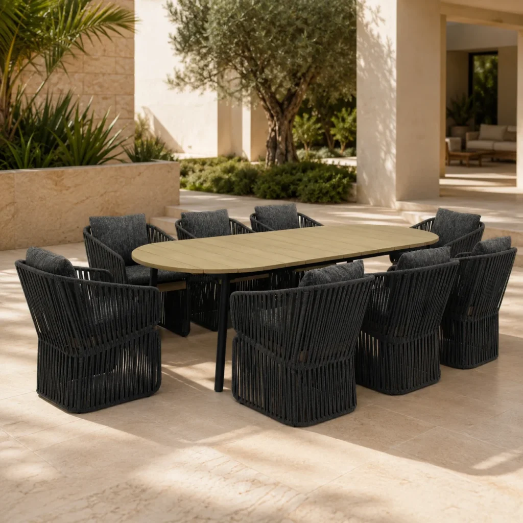 The Best Outdoor Sustainable Kitchen Set-ups for Summer 2026 Best outdoor sustainable kitchen set-ups for 2026 the Galata black teak dining set.