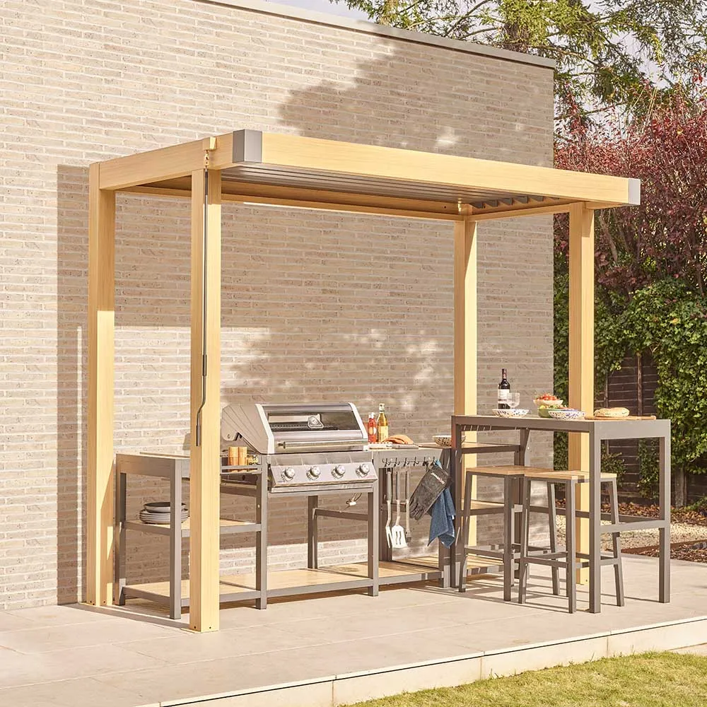 pergola and outdoor kitchen with BBQ and bar stools