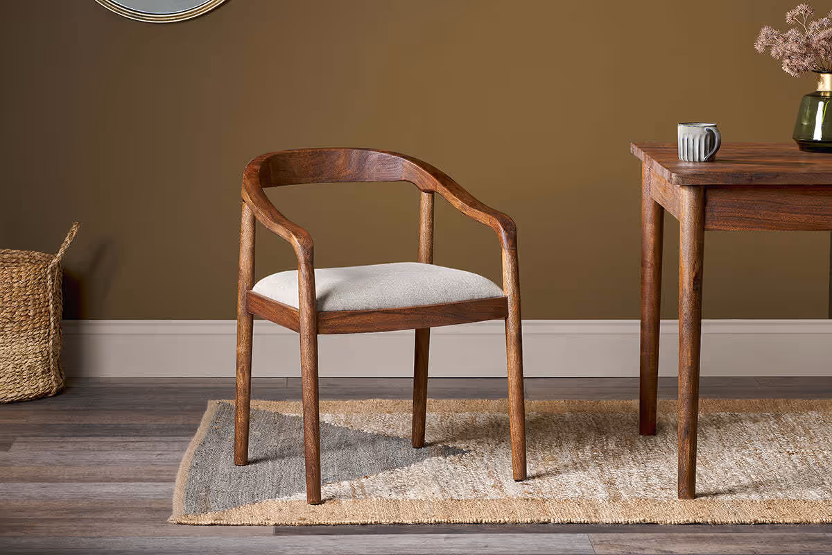 Anbu |Acacia upholstered dining chair in washed walnut and cream seat by Nkuku