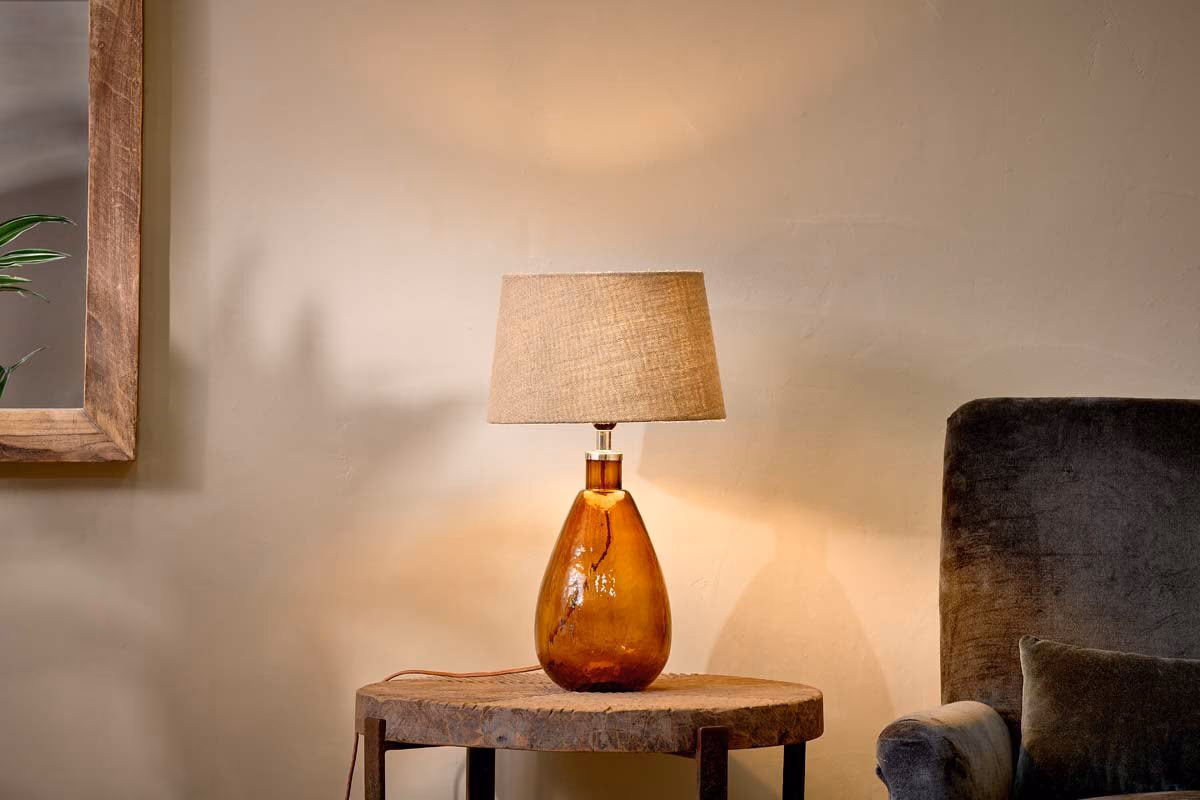 Baba recycled glass tall lamp in burnt amber colour with natural lampshade