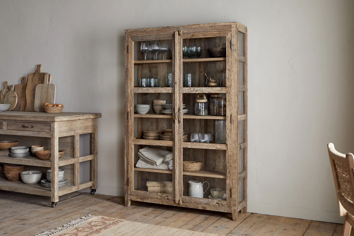 Reclaimed wood glass cabinet in a kitchen.