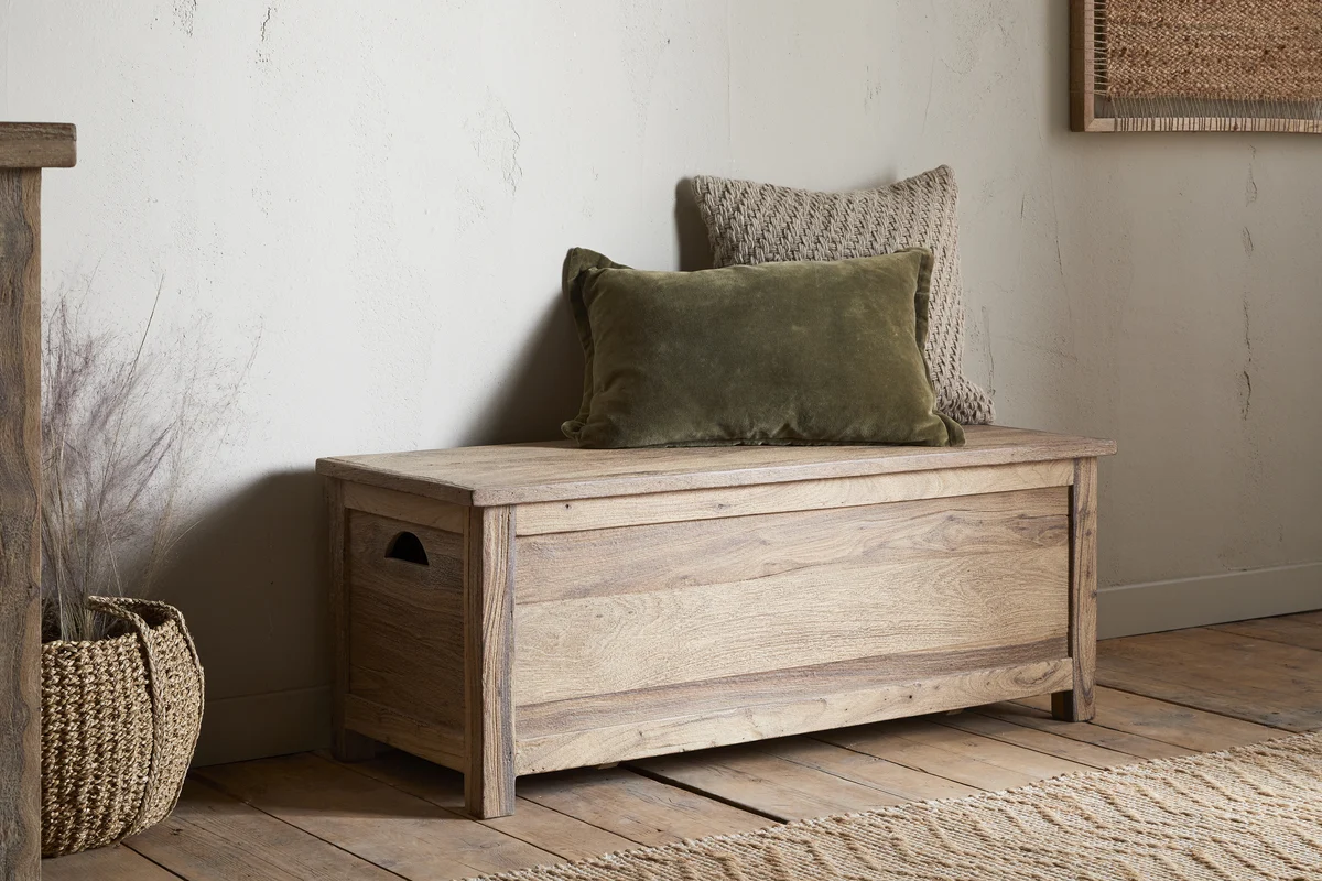 Reclaimed wood storage bench in natural