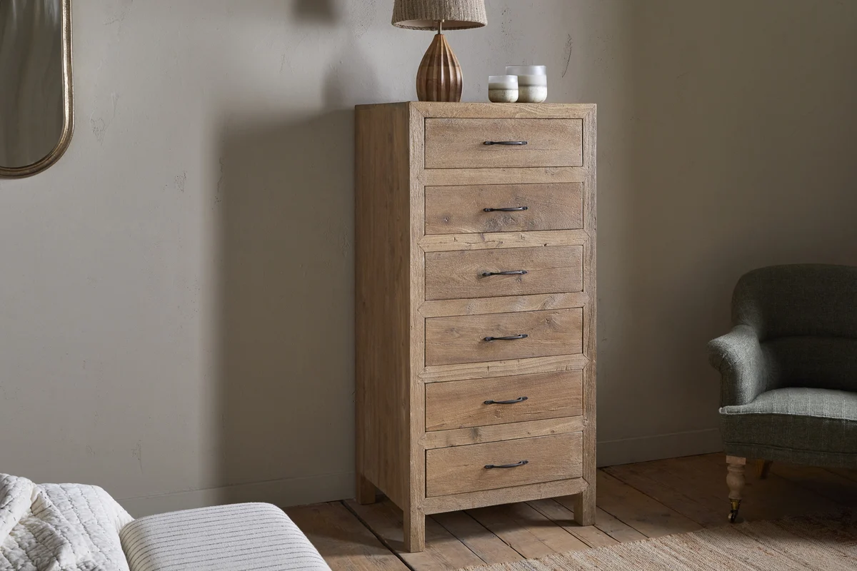 Reclaimed wood tall boy chest of drawers in natural.