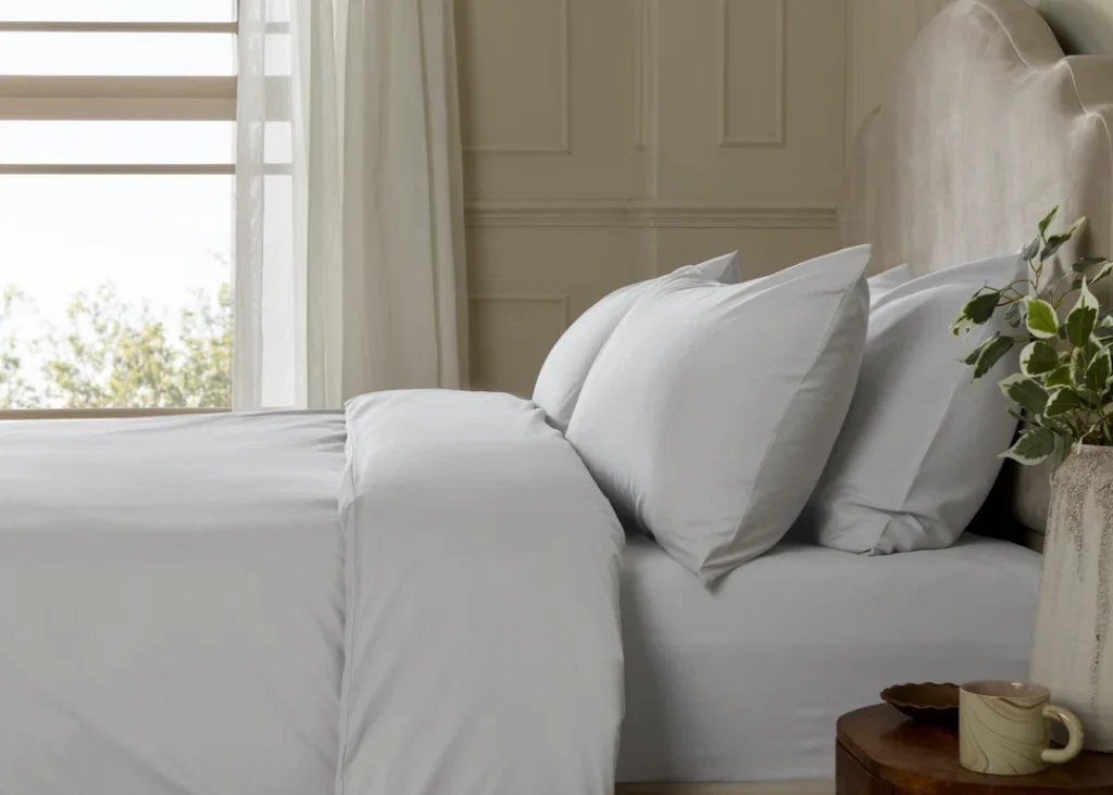 How to Create a Sustainable Bedroom: A Practical Guide Cotton Percale Bedding Set by Simba sleep is OEKO-TEX certified and dyed using GOTS approved organic dyes in a white colour.