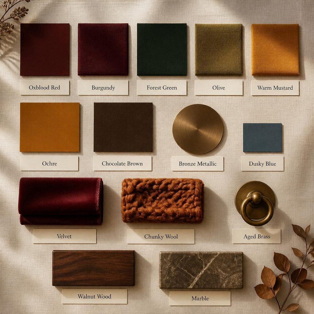 Autumn Winter Home Trends 2026: A Sustainable Edit Autumn Winter home trends 2026 moodboard colour palette, textures, materials and metal finishes.