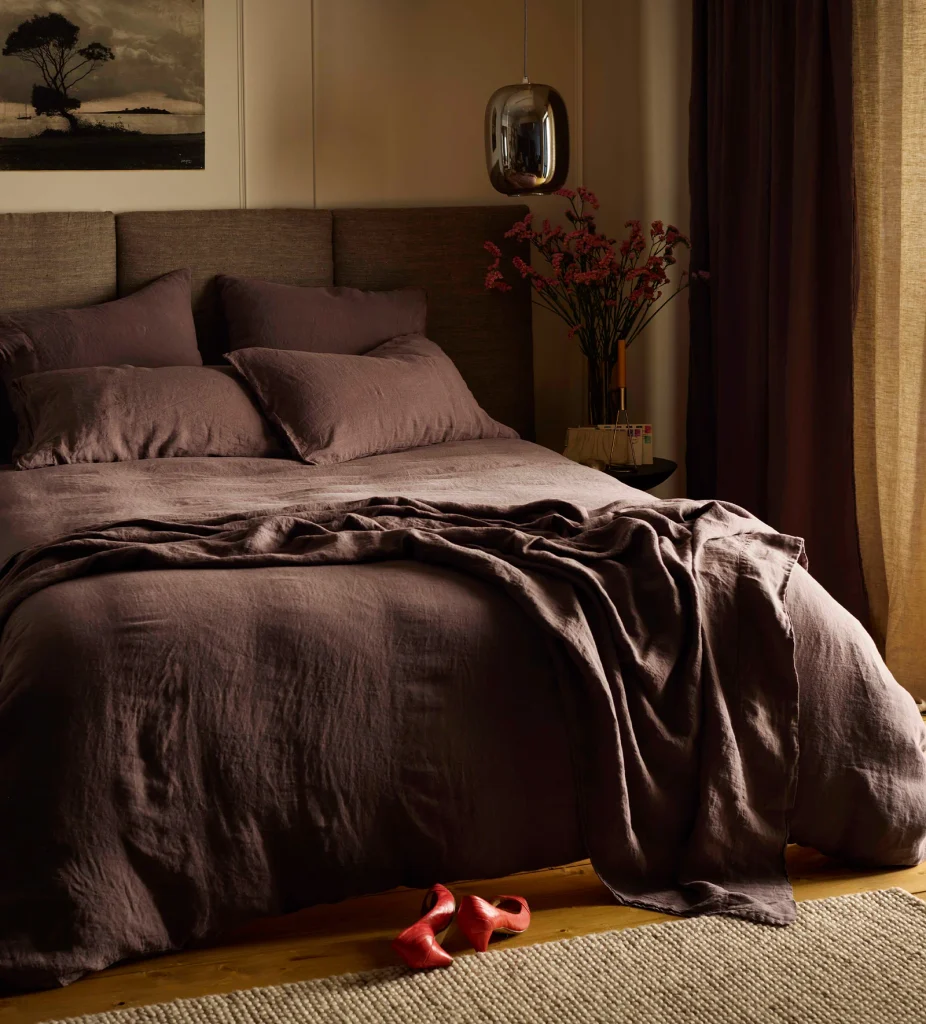 Autumn Winter Home Trends 2026: A Sustainable Edit Cocoa 100% linen bed covers on a cosy bedroom.