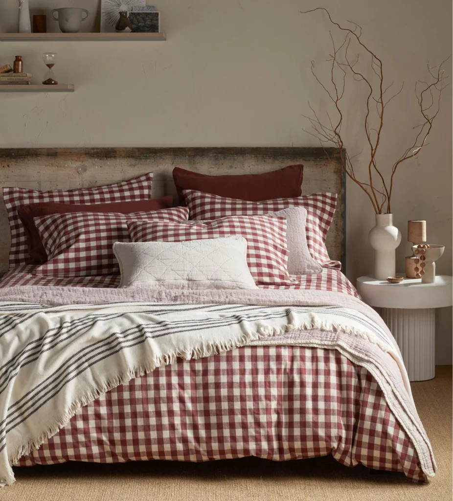 Autumn Winter Home Trends 2026: A Sustainable Edit Conker and white coloured Gingham Brushed 100% Organic Cotton Duvet Cover on a bed