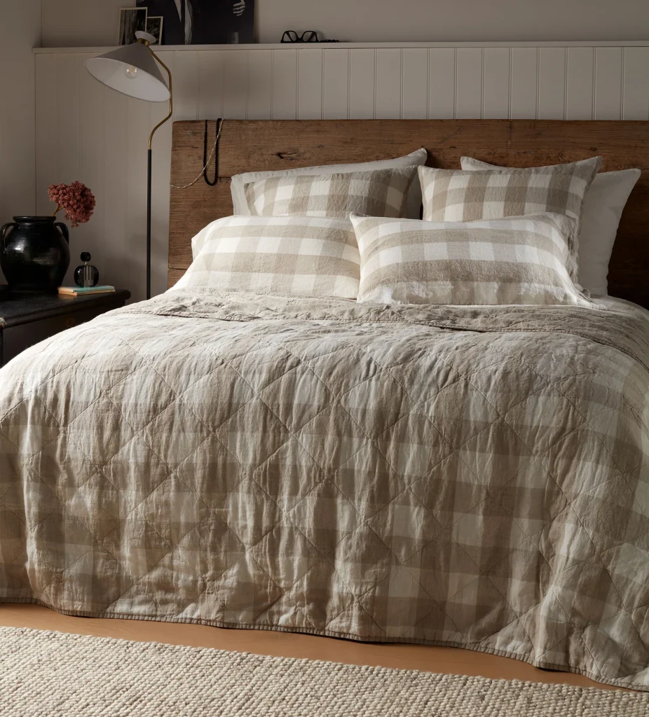 Autumn Winter Home Trends 2026: A Sustainable Edit Natural Gracie Gingham Linen Quilted Throw in beige and white