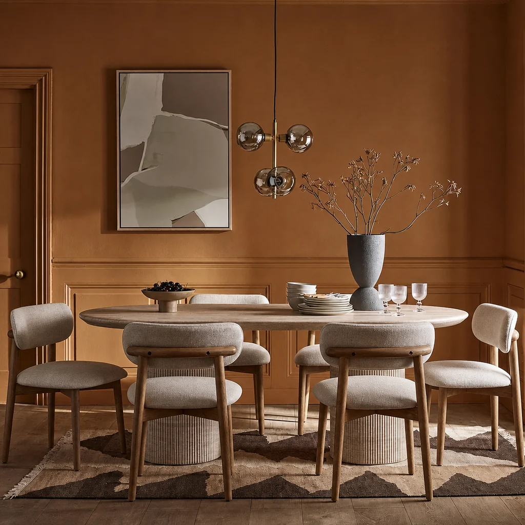 Raina dining table in travertine finish with linen cream dining chairs
