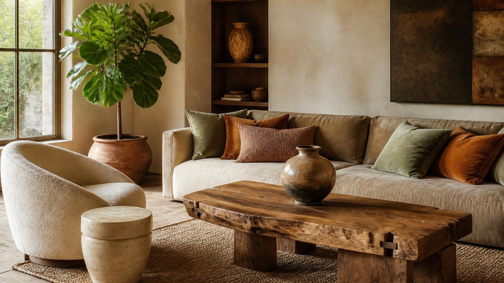 Warm eco minimalism living room with raw edge coffee table, amber and sage velvet cushions, linen sofa, boucle chair and jute rug.