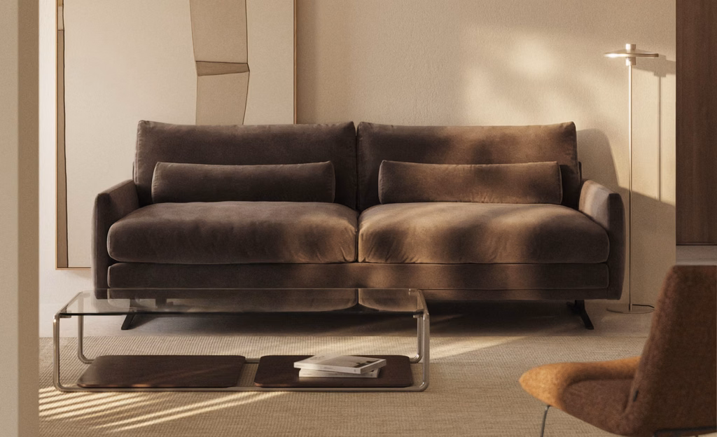 Brown velvet sofa by Kave Home in fire retardent fabric set in a calming living room.