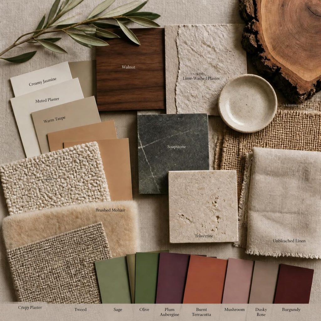 Warm eco minimalism living room moodboard with textures, paint swatches, wood, fabrics and paints for 2026 trends.