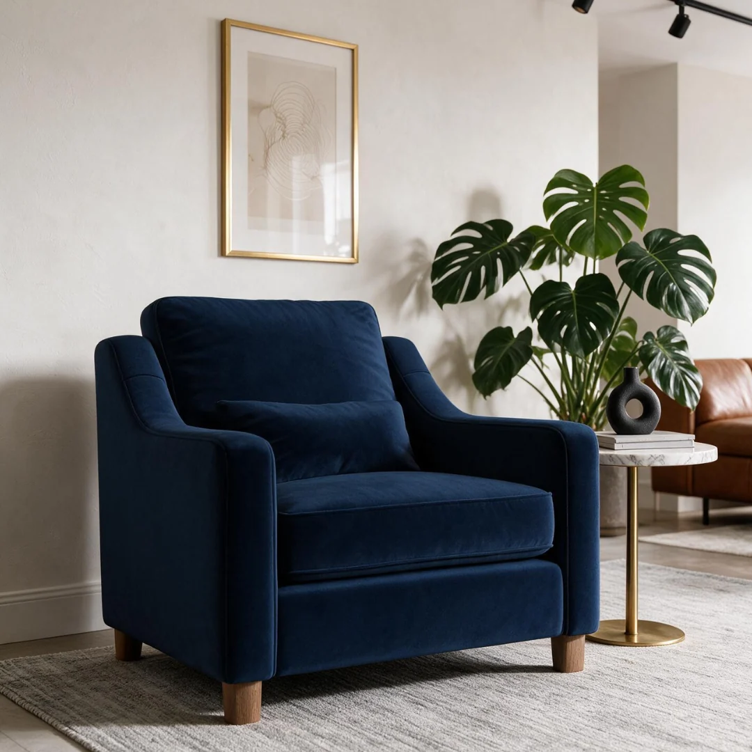 Autumn Winter Home Trends 2026: A Sustainable Edit Indigo armchair with cushion made in eco velvet.