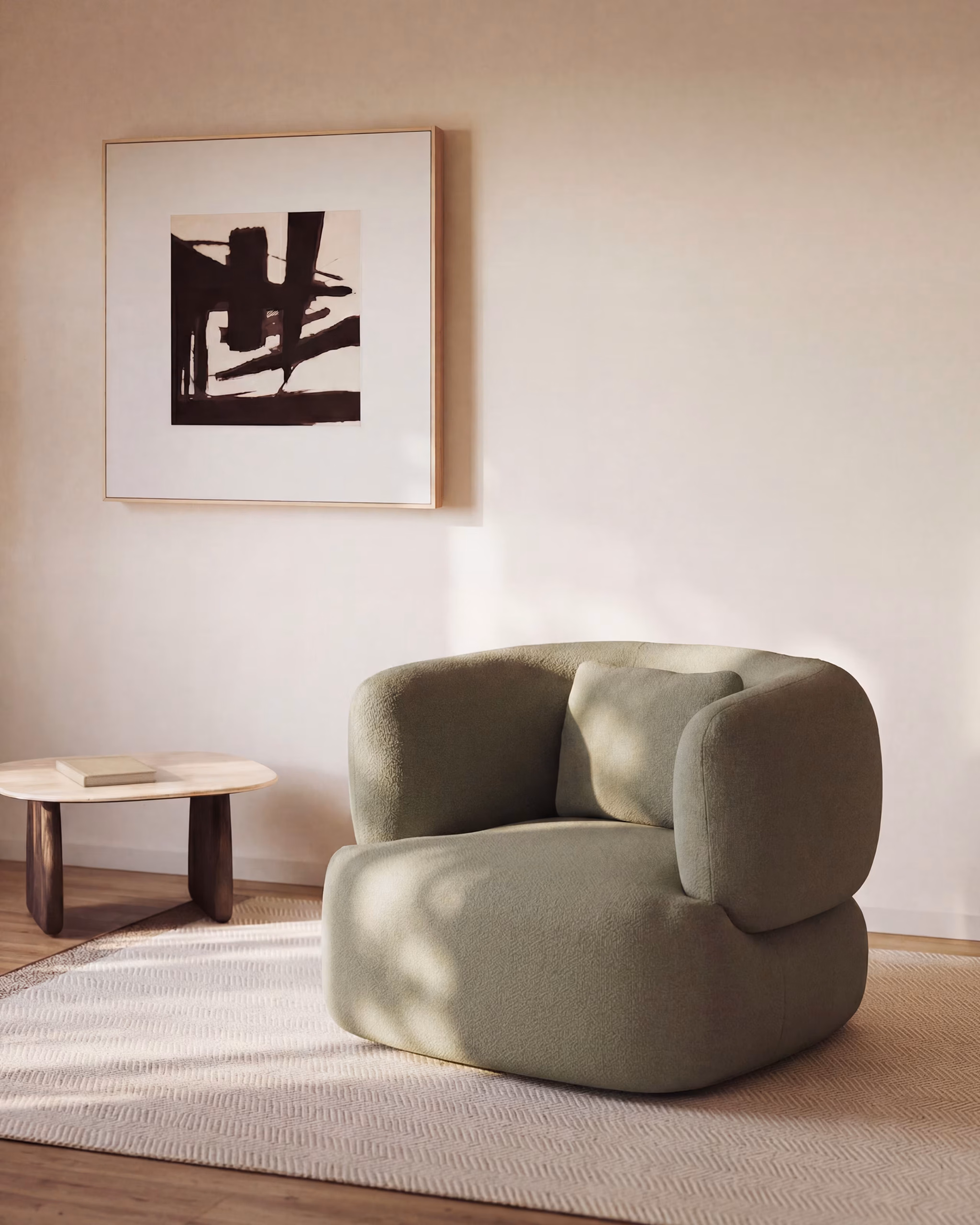 Autumn Winter Home Trends 2026: A Sustainable Edit Sage green chenille armchair with cushion.