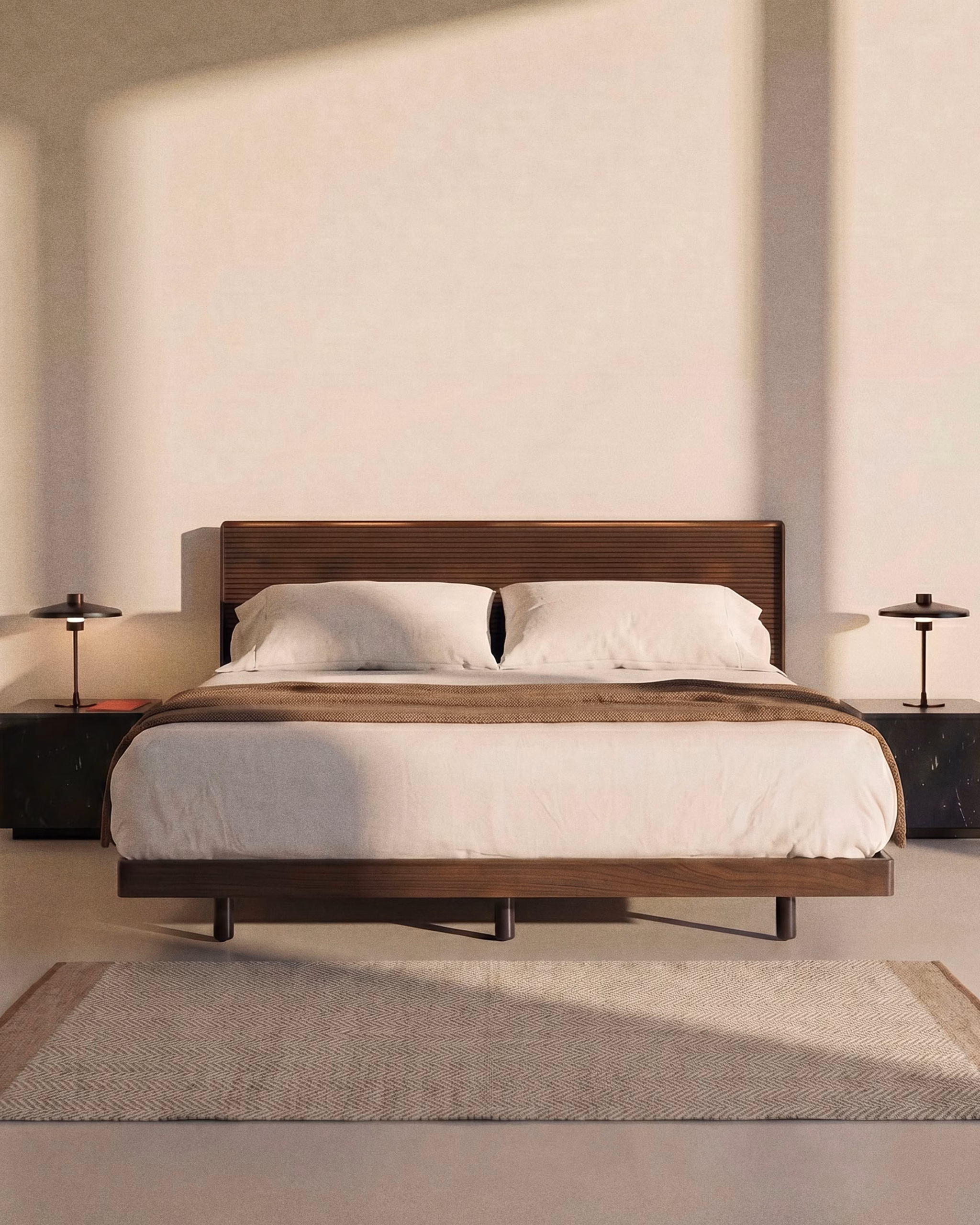 Autumn Winter Home Trends 2026: A Sustainable Edit Bed frame with walnut veneer with dark finish and LED light.