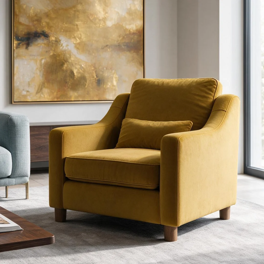 Autumn Winter Home Trends 2026: A Sustainable Edit Turmeric coloured velvet armchair with cushion back.