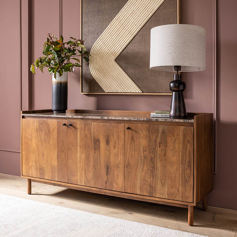 Autumn Winter Home Trends 2026: A Sustainable Edit Brera marble sideboard made from acacia wood in a walnut finish and topped with Italian Emperador marble with distinctive latte-coloured veining.